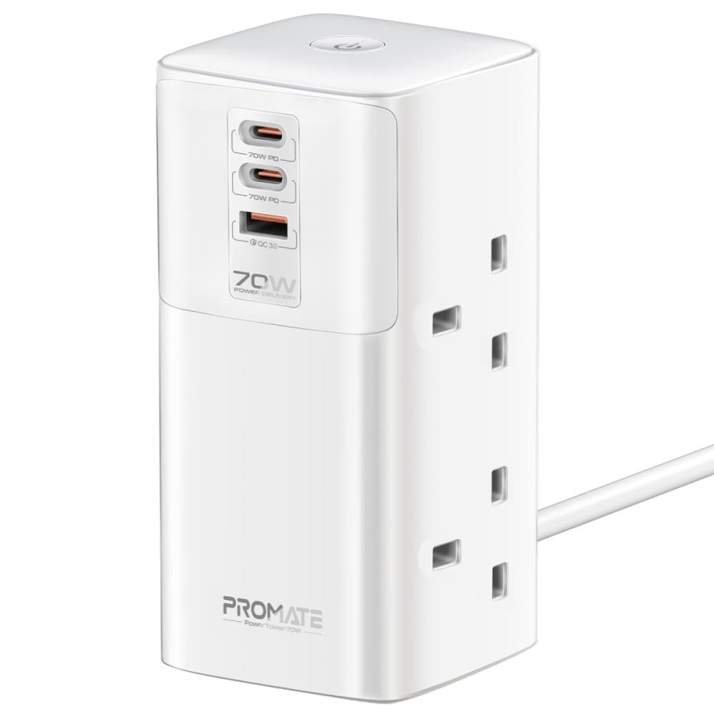 Promate 70W 7 in 1 Fireproof Multi Port Charging Station With 2500W Quad AC Sockets |PowerTower-70W|