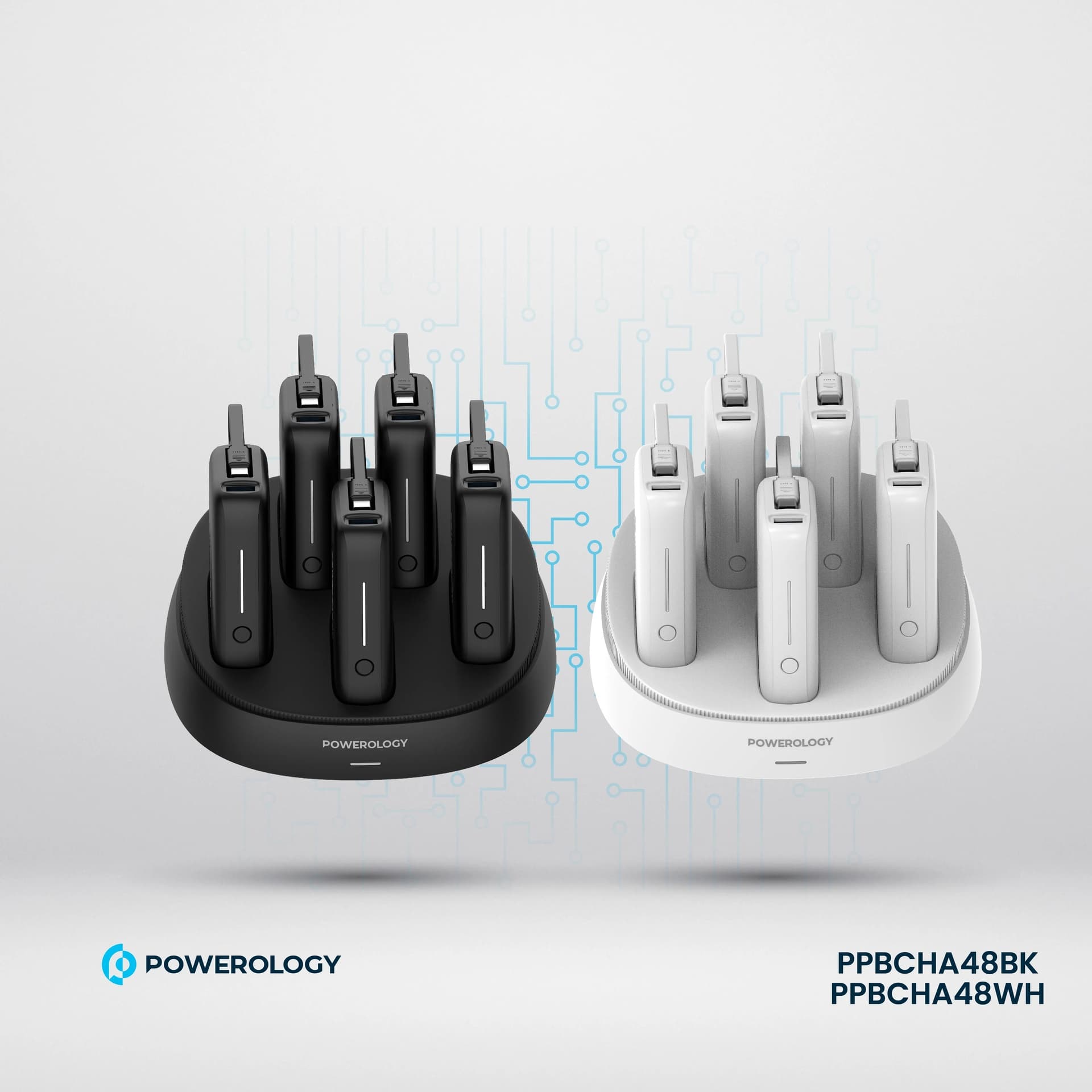 Powerology 5 x 10000mAh Power Bank Station PD 20W Recharging Base High Speed Charging Built In Type C Cable Multi Device Support 60W Output |PPBCHA48BK/WH|