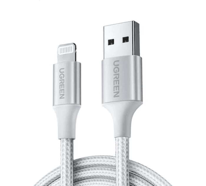 UGREEN USB-A إلى كابل شحن لايتنينج مضفر من النايلون الفضي معتمد من Apple مزامنة سريعة غلاف من الألمنيوم الفضي |60161|