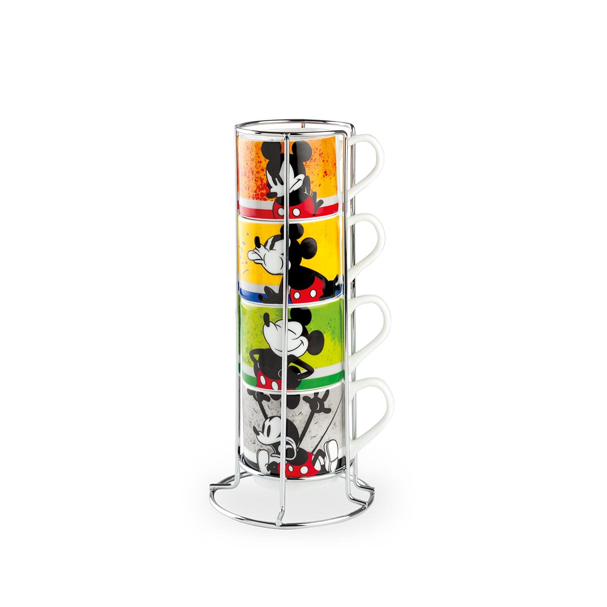 DISNEY Stackable Coffee Cup Set with Metal Rack – 80ml Porcelain, Microwave & Dishwasher Safe, 4-Piece Organizer | PWM02I/4AM |