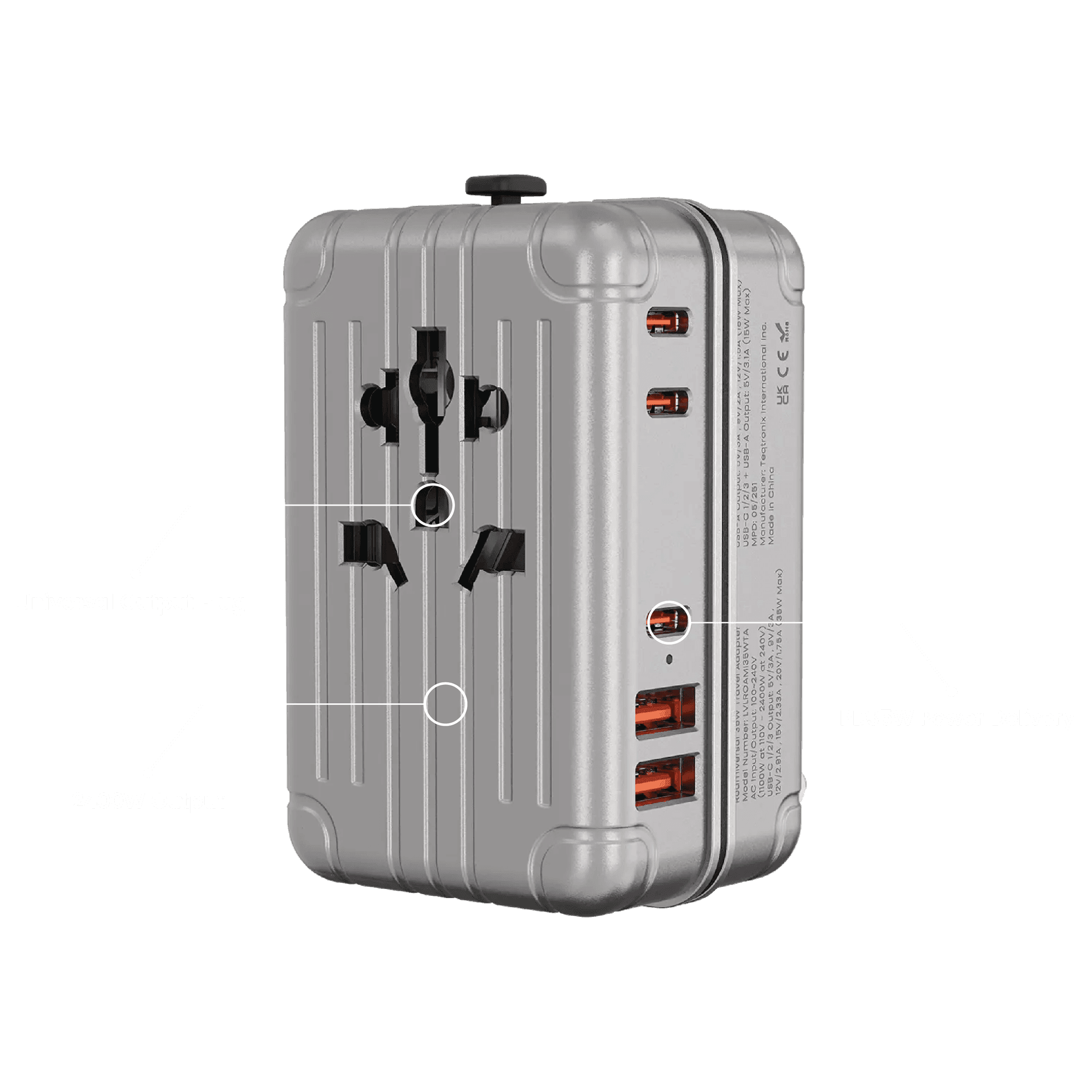 Levelo Roamiversal 2400W Travel Adapter – Universal Plug with 35W PD, 3× USB-C & 2× USB-A | LVLROAMI35WTAASL |
