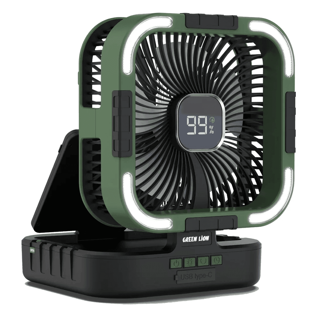 Green Lion 3-in-1 Solar Fan 10000mAh Battery 10W 6-Speed LED Light Power Bank - Portable Rechargeable Fan with Solar Charging | GNPF25SOLFNBK |